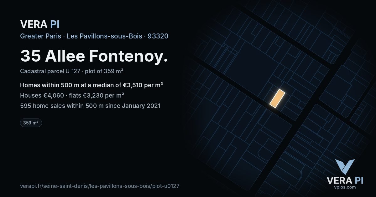 35 Allee Fontenoy, Les Pavillons-sous-Bois at night – the plot lit, the parcels around coloured by the prices near them