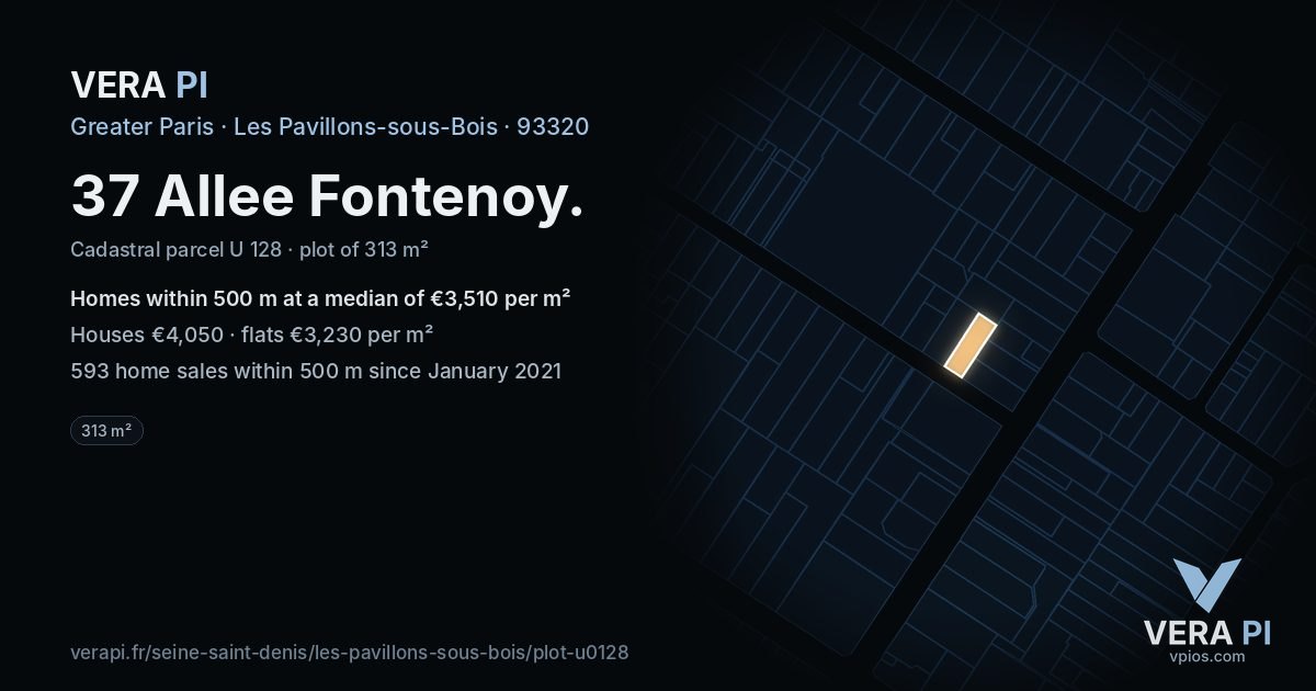 37 Allee Fontenoy, Les Pavillons-sous-Bois at night – the plot lit, the parcels around coloured by the prices near them