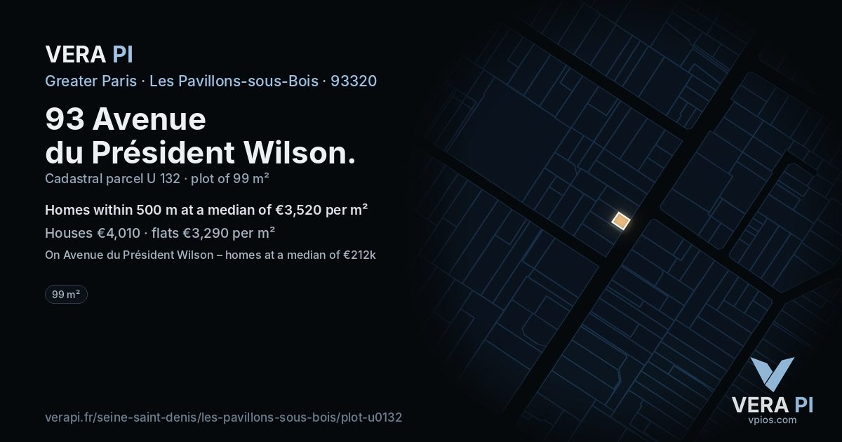 93 Avenue du Président Wilson, Les Pavillons-sous-Bois at night – the plot lit, the parcels around coloured by the prices near them