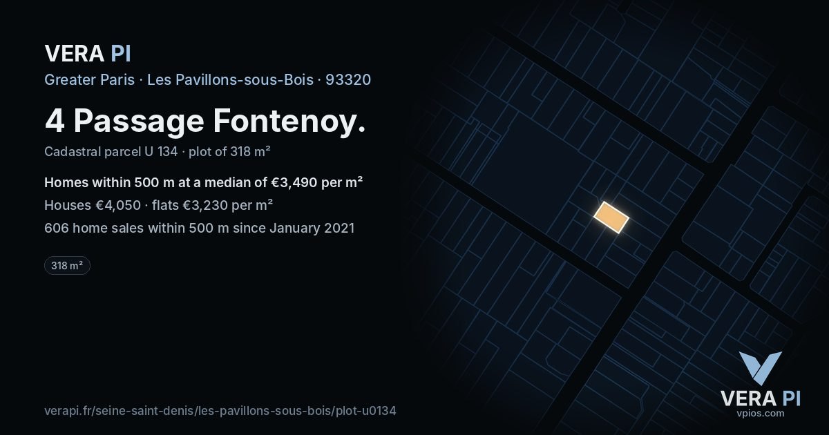 4 Passage Fontenoy, Les Pavillons-sous-Bois at night – the plot lit, the parcels around coloured by the prices near them