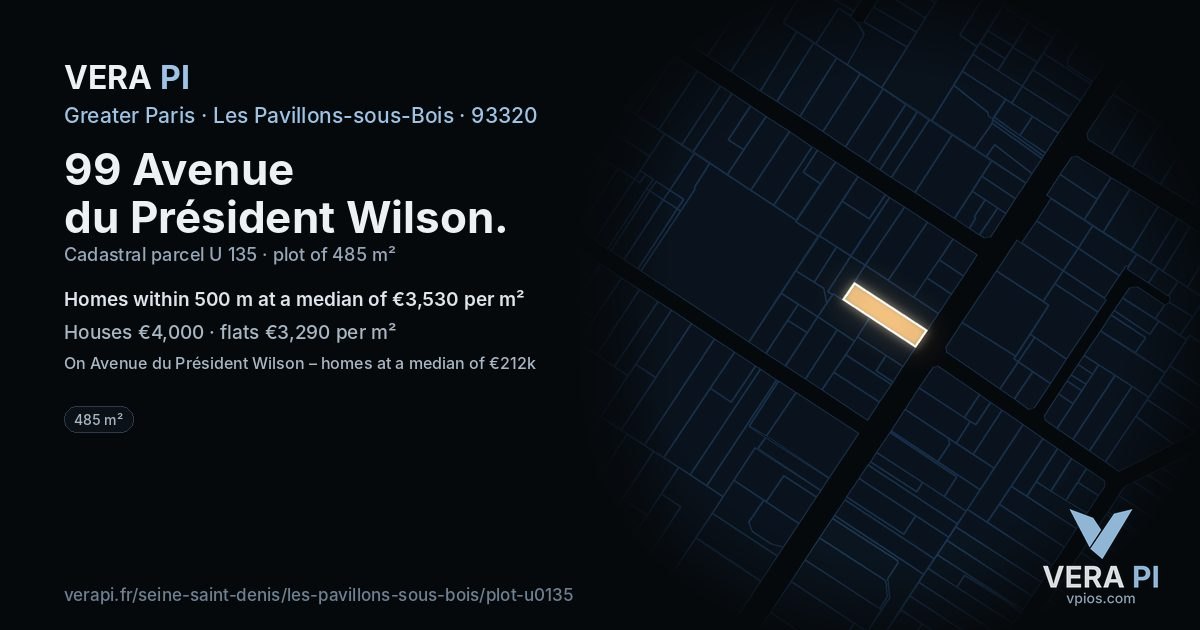 99 Avenue du Président Wilson, Les Pavillons-sous-Bois at night – the plot lit, the parcels around coloured by the prices near them