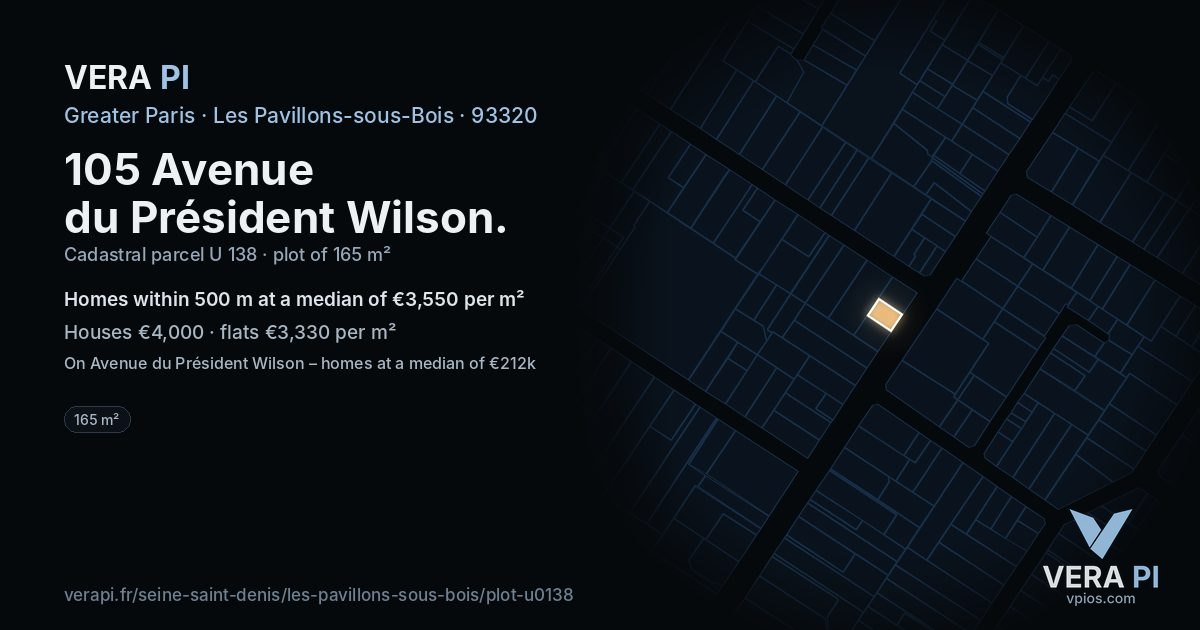 105 Avenue du Président Wilson, Les Pavillons-sous-Bois at night – the plot lit, the parcels around coloured by the prices near them