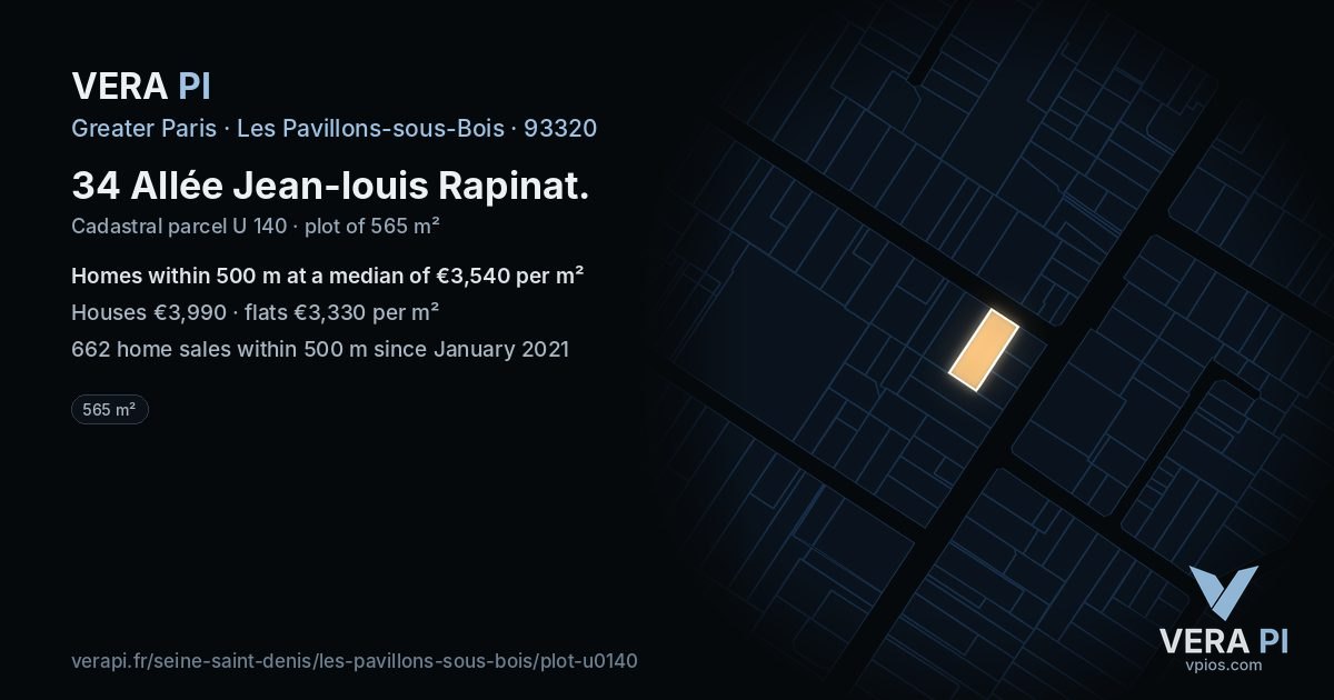 34 Allée Jean-louis Rapinat, Les Pavillons-sous-Bois at night – the plot lit, the parcels around coloured by the prices near them