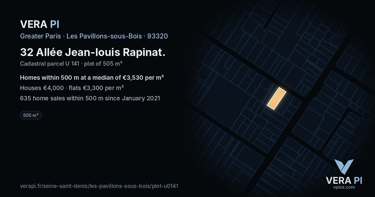 32 Allée Jean-louis Rapinat, Les Pavillons-sous-Bois at night – the plot lit, the parcels around coloured by the prices near them