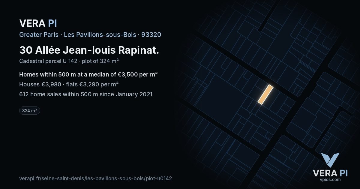 30 Allée Jean-louis Rapinat, Les Pavillons-sous-Bois at night – the plot lit, the parcels around coloured by the prices near them