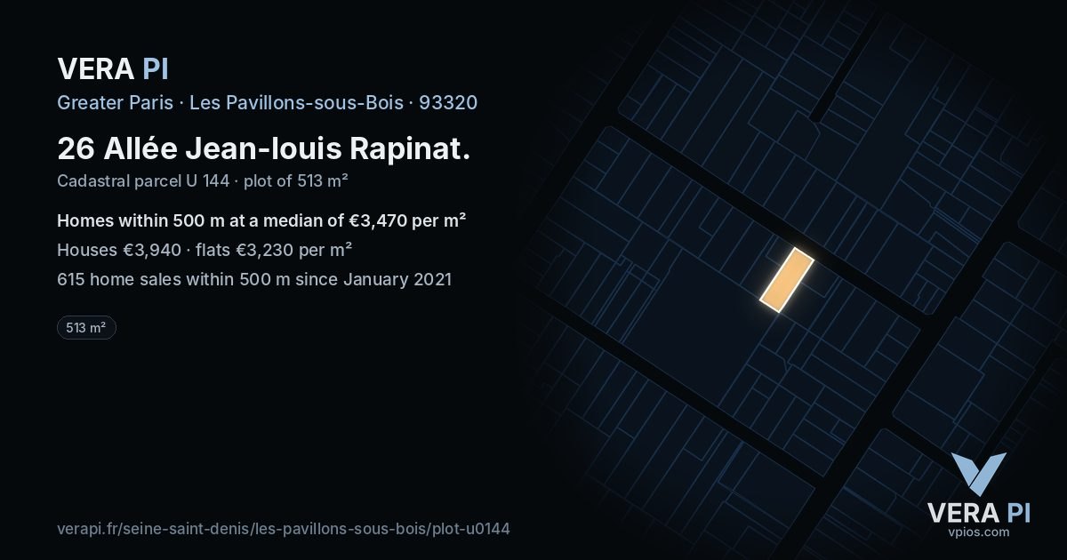 26 Allée Jean-louis Rapinat, Les Pavillons-sous-Bois at night – the plot lit, the parcels around coloured by the prices near them