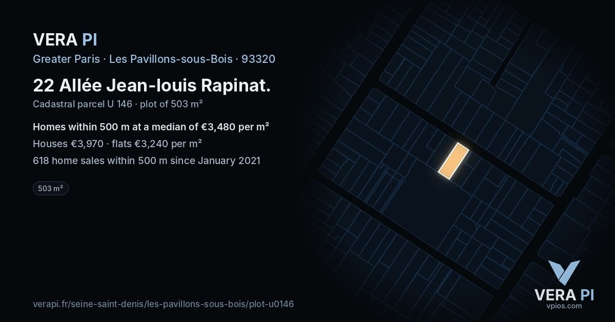 22 Allée Jean-louis Rapinat, Les Pavillons-sous-Bois at night – the plot lit, the parcels around coloured by the prices near them