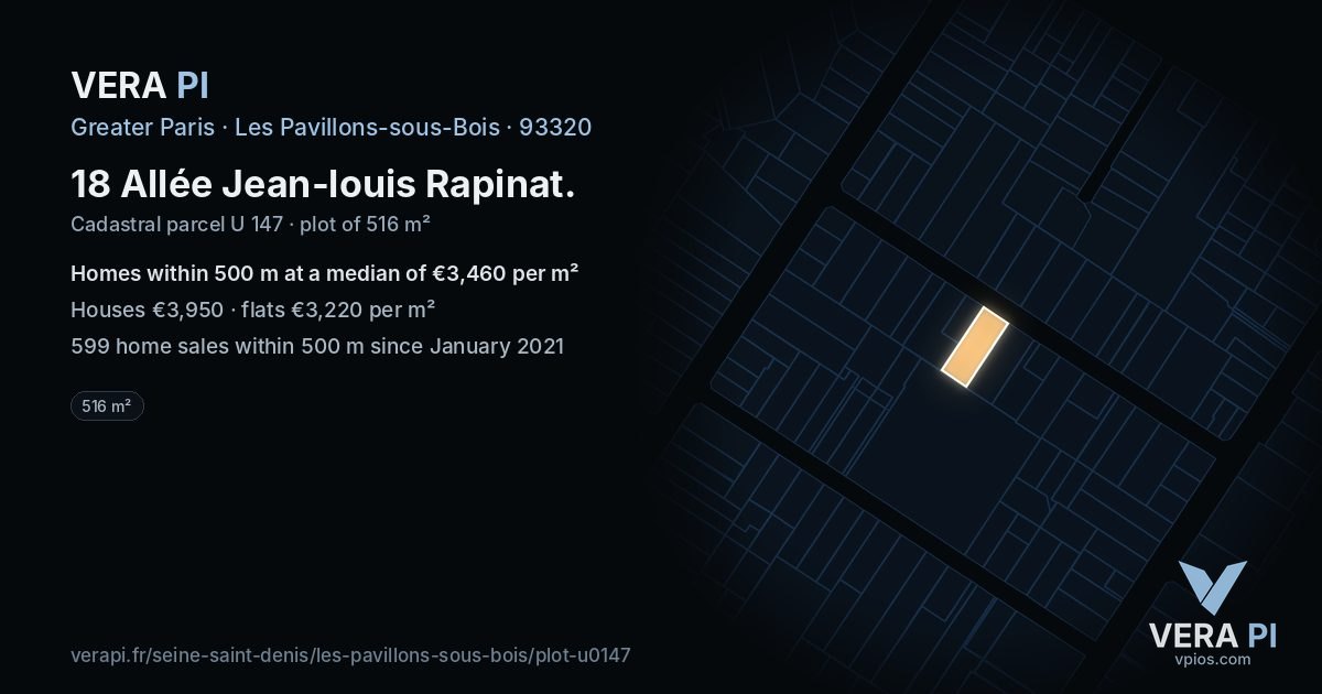 18 Allée Jean-louis Rapinat, Les Pavillons-sous-Bois at night – the plot lit, the parcels around coloured by the prices near them