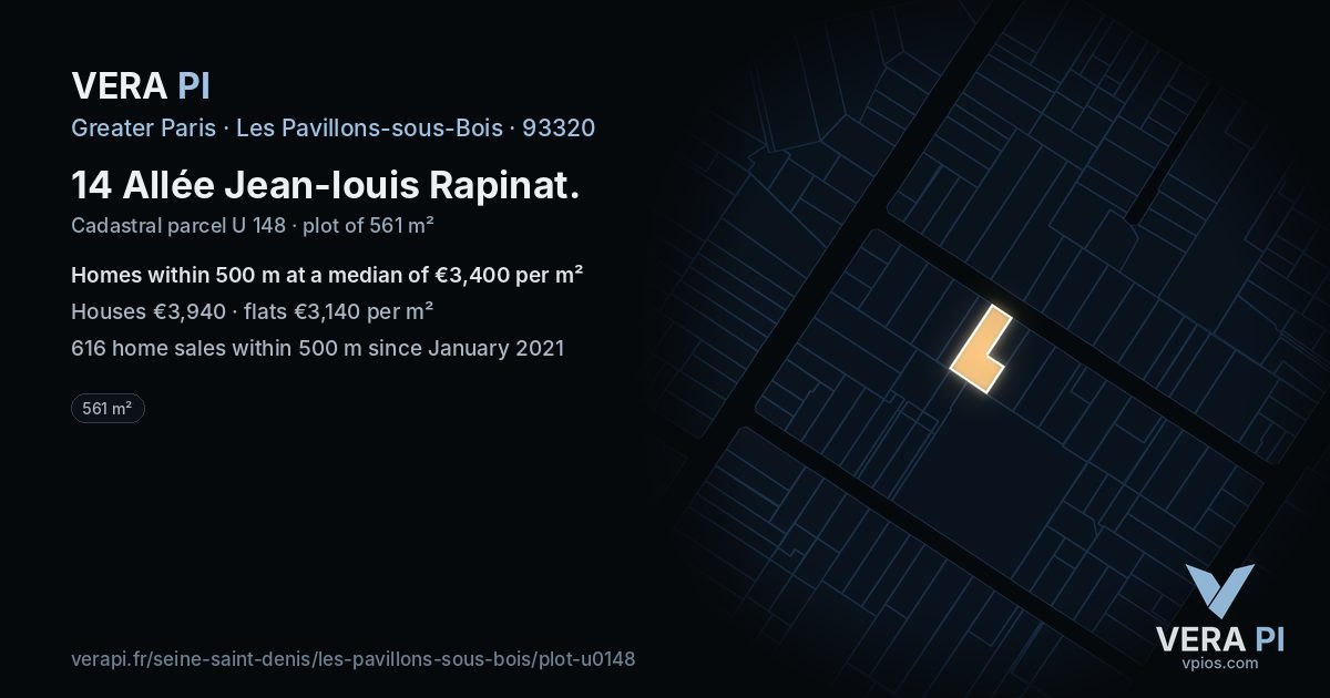 14 Allée Jean-louis Rapinat, Les Pavillons-sous-Bois at night – the plot lit, the parcels around coloured by the prices near them