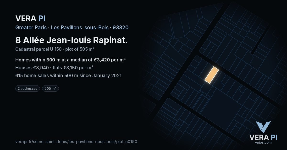 8 Allée Jean-louis Rapinat, Les Pavillons-sous-Bois at night – the plot lit, the parcels around coloured by the prices near them