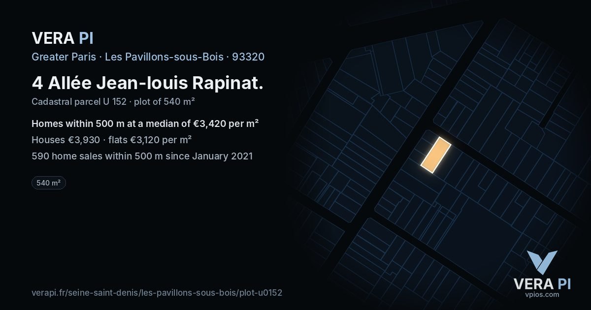 4 Allée Jean-louis Rapinat, Les Pavillons-sous-Bois at night – the plot lit, the parcels around coloured by the prices near them