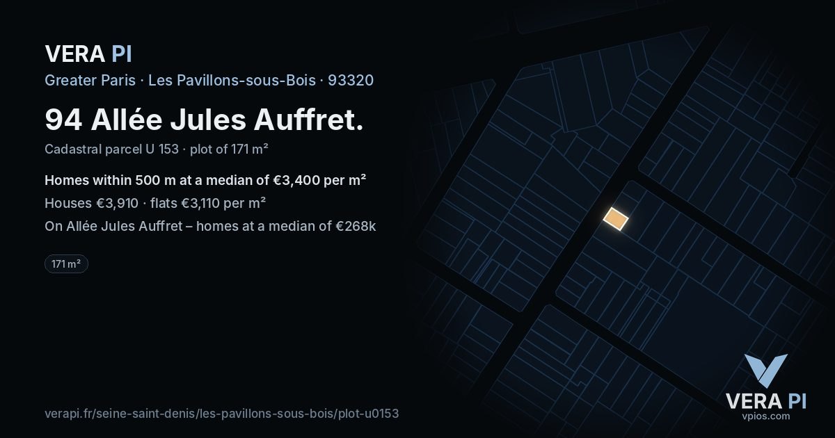 94 Allée Jules Auffret, Les Pavillons-sous-Bois at night – the plot lit, the parcels around coloured by the prices near them
