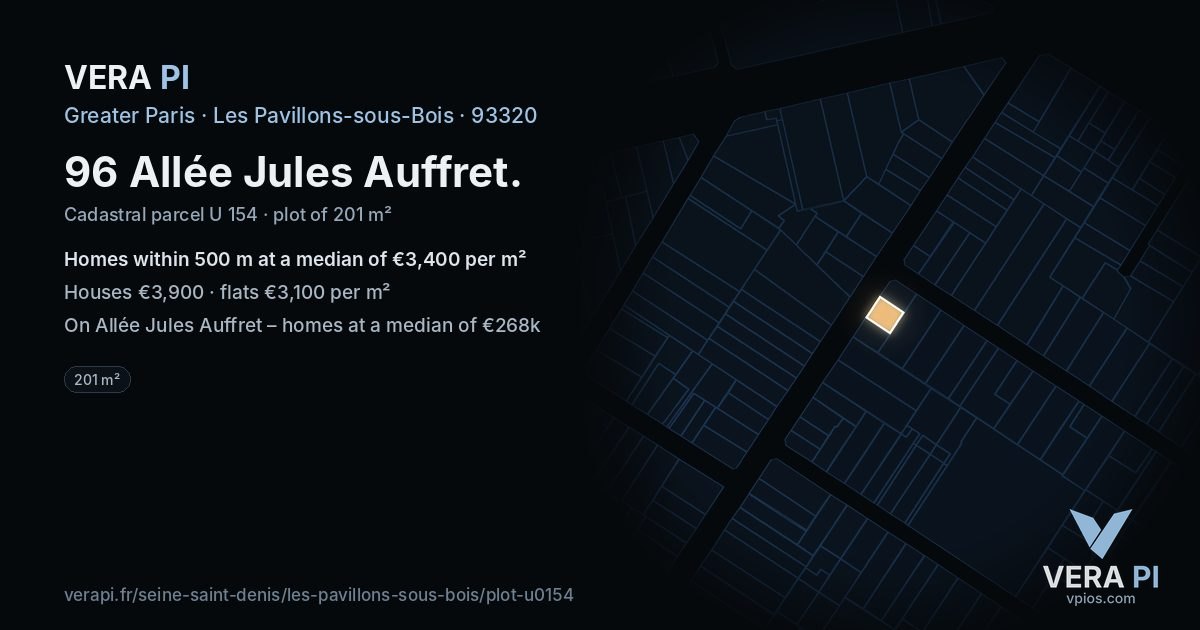 96 Allée Jules Auffret, Les Pavillons-sous-Bois at night – the plot lit, the parcels around coloured by the prices near them