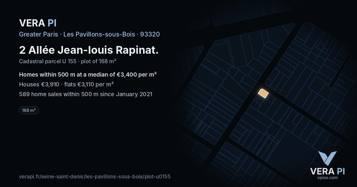 2 Allée Jean-louis Rapinat, Les Pavillons-sous-Bois at night – the plot lit, the parcels around coloured by the prices near them