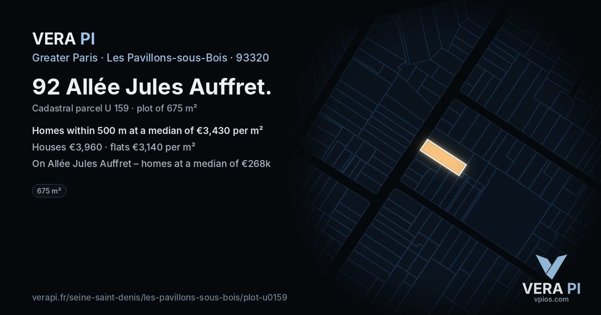92 Allée Jules Auffret, Les Pavillons-sous-Bois at night – the plot lit, the parcels around coloured by the prices near them