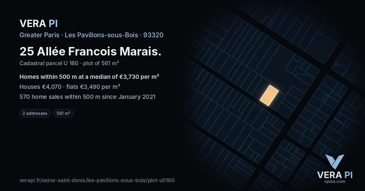 25 Allée Francois Marais, Les Pavillons-sous-Bois at night – the plot lit, the parcels around coloured by the prices near them