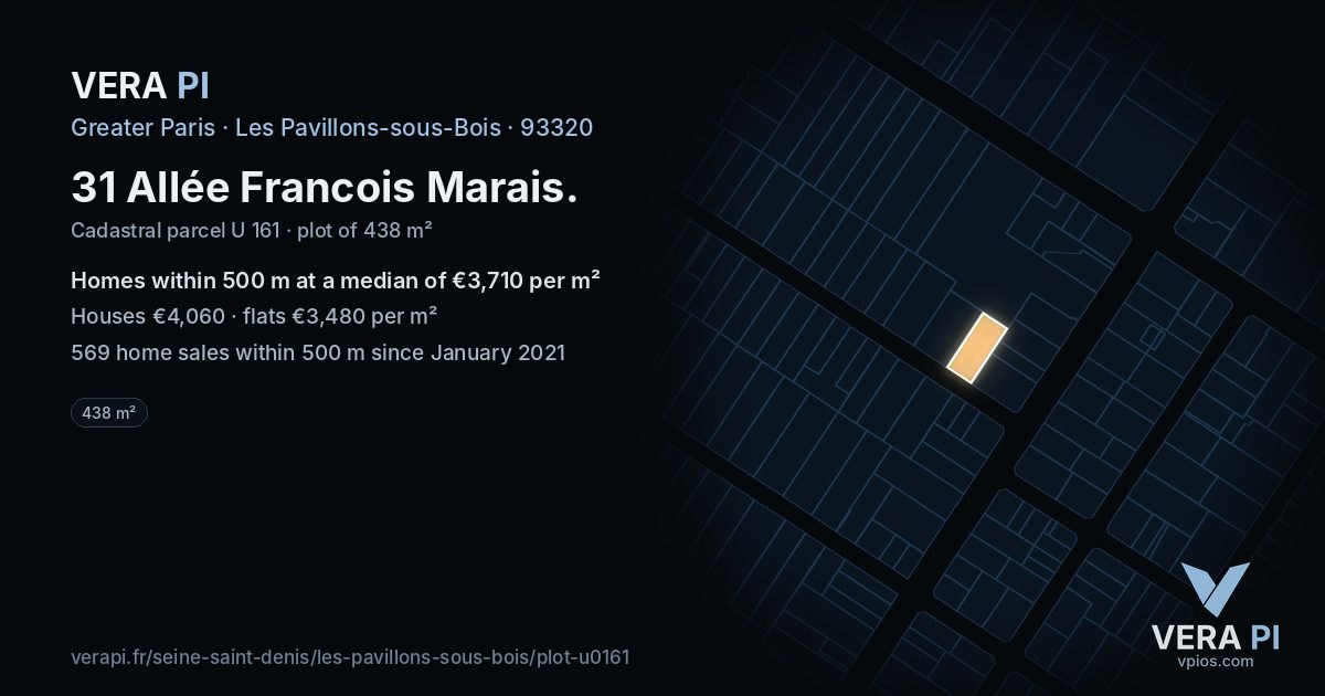 31 Allée Francois Marais, Les Pavillons-sous-Bois at night – the plot lit, the parcels around coloured by the prices near them