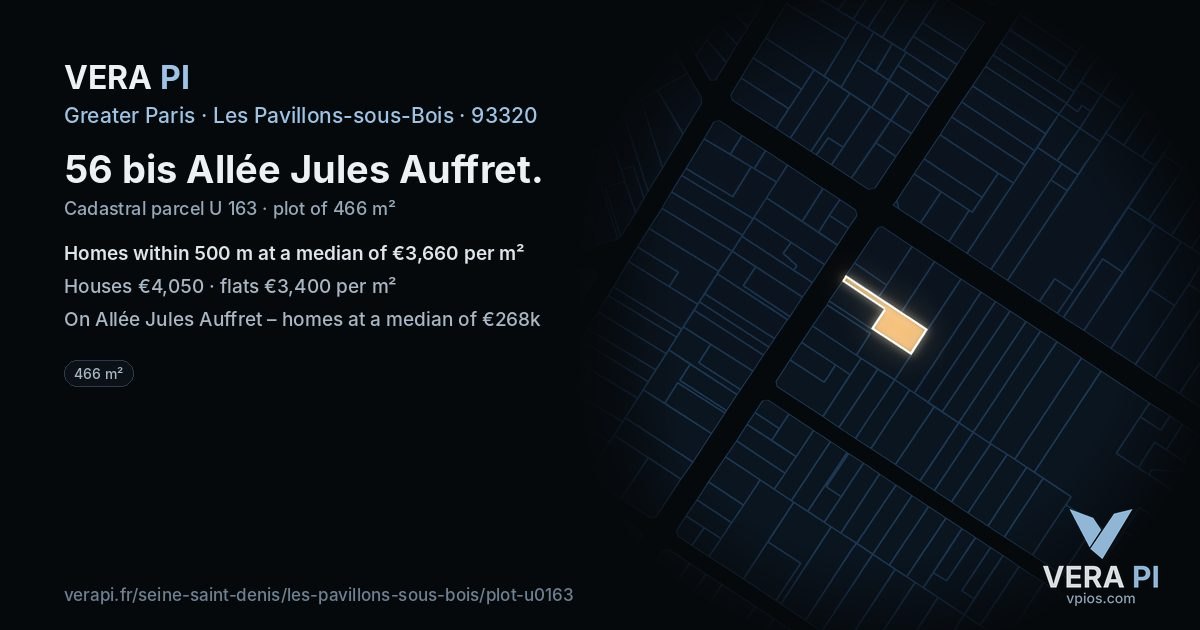 56 bis Allée Jules Auffret, Les Pavillons-sous-Bois at night – the plot lit, the parcels around coloured by the prices near them