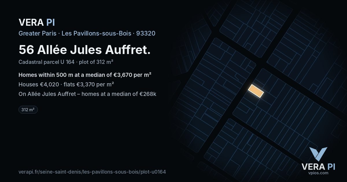 56 Allée Jules Auffret, Les Pavillons-sous-Bois at night – the plot lit, the parcels around coloured by the prices near them