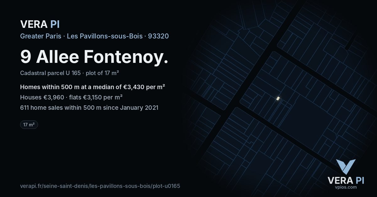 9 Allee Fontenoy, Les Pavillons-sous-Bois at night – the plot lit, the parcels around coloured by the prices near them