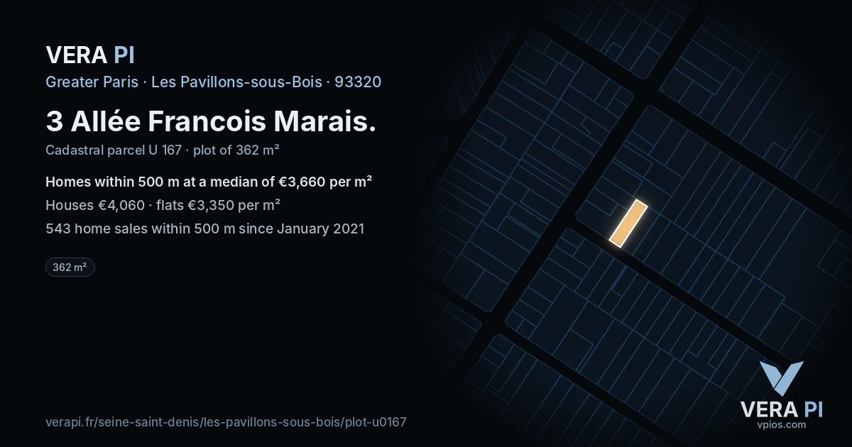 3 Allée Francois Marais, Les Pavillons-sous-Bois at night – the plot lit, the parcels around coloured by the prices near them