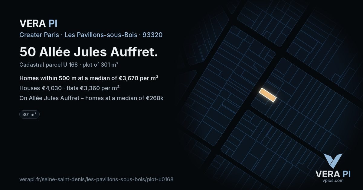 50 Allée Jules Auffret, Les Pavillons-sous-Bois at night – the plot lit, the parcels around coloured by the prices near them