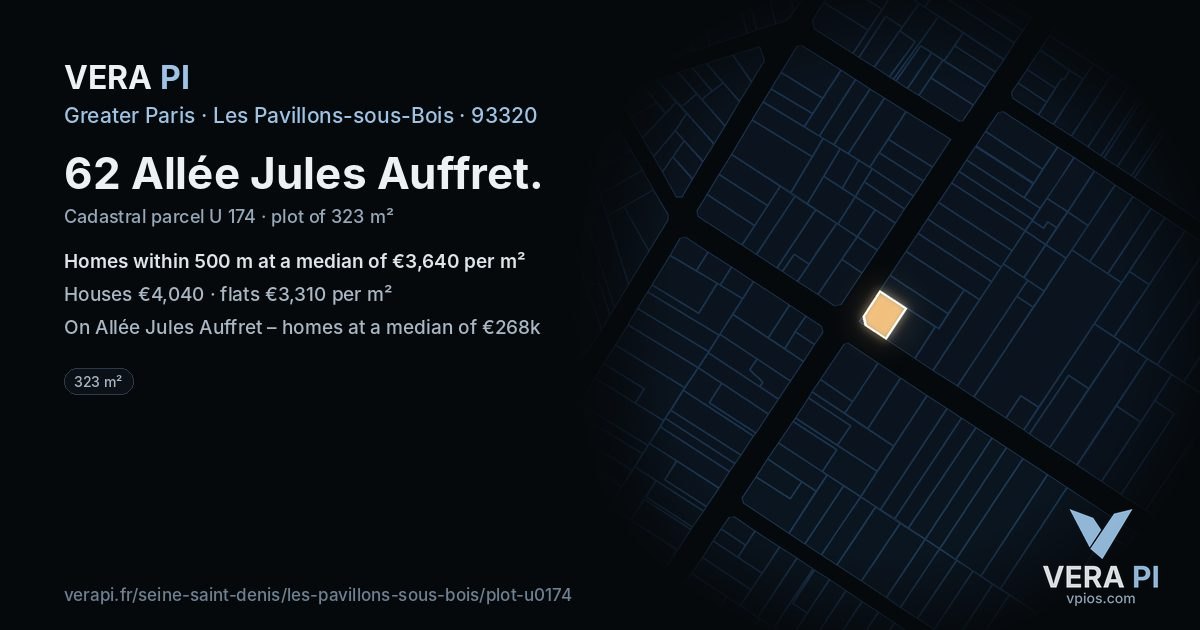 62 Allée Jules Auffret, Les Pavillons-sous-Bois at night – the plot lit, the parcels around coloured by the prices near them