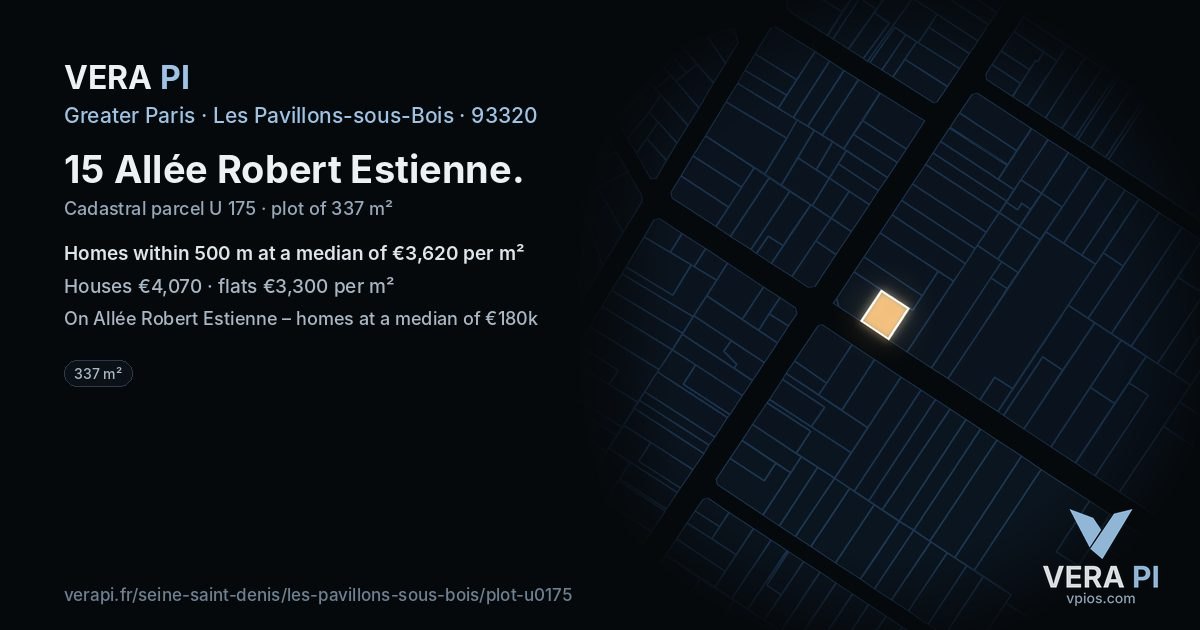 15 Allée Robert Estienne, Les Pavillons-sous-Bois at night – the plot lit, the parcels around coloured by the prices near them