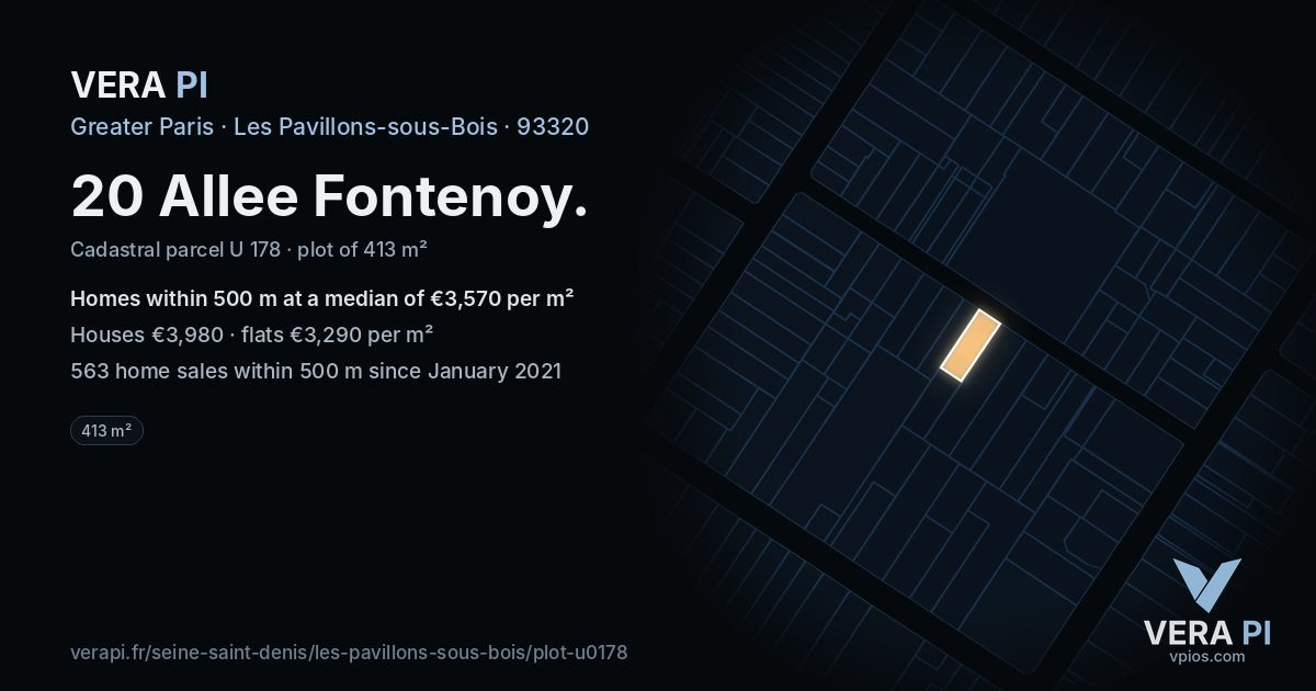 20 Allee Fontenoy, Les Pavillons-sous-Bois at night – the plot lit, the parcels around coloured by the prices near them