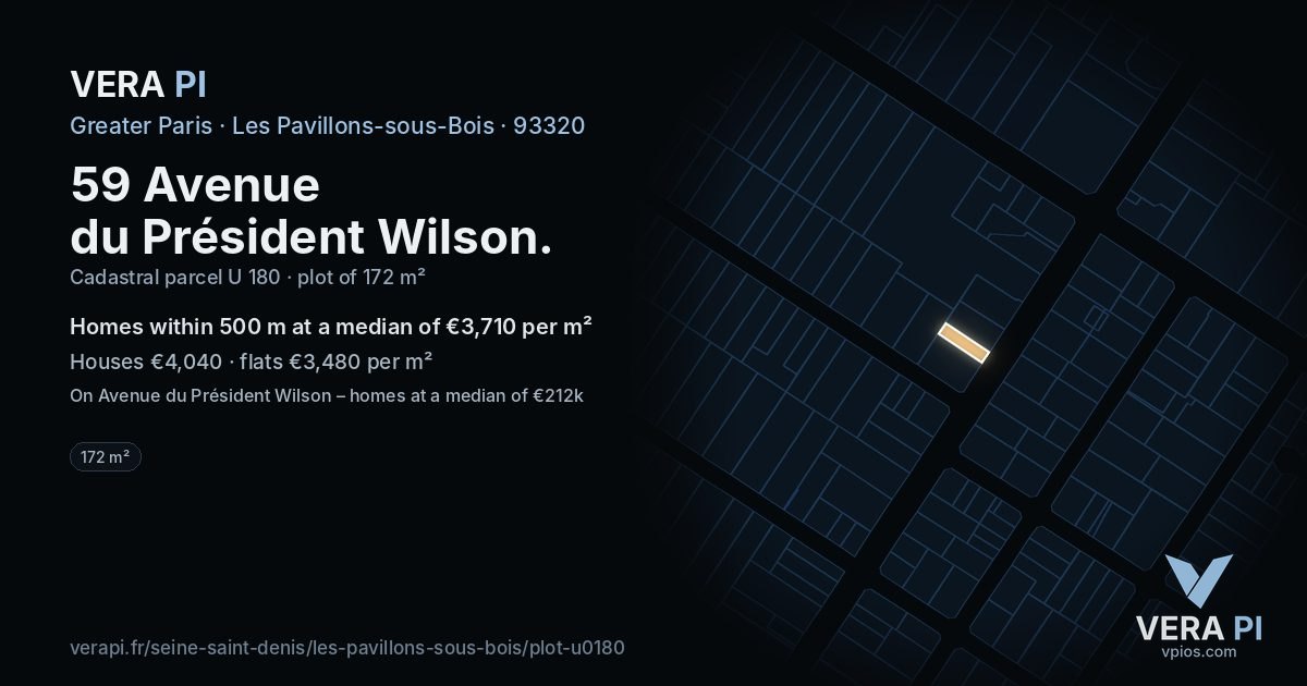 59 Avenue du Président Wilson, Les Pavillons-sous-Bois at night – the plot lit, the parcels around coloured by the prices near them