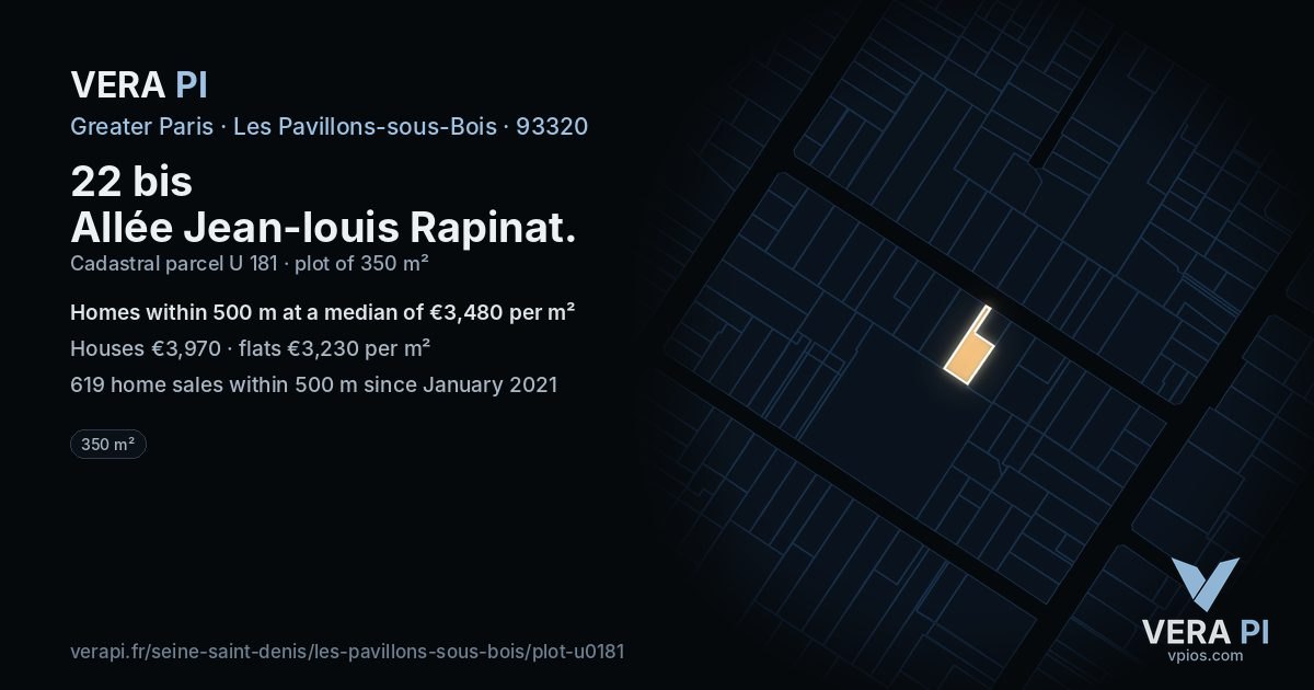 22 bis Allée Jean-louis Rapinat, Les Pavillons-sous-Bois at night – the plot lit, the parcels around coloured by the prices near them