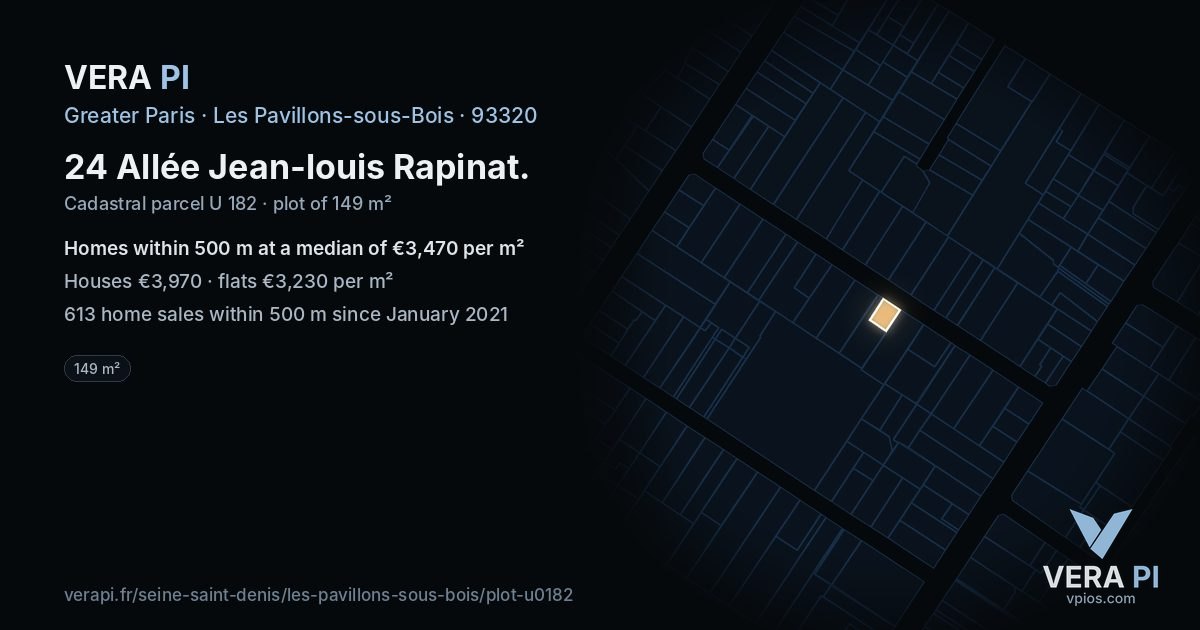 24 Allée Jean-louis Rapinat, Les Pavillons-sous-Bois at night – the plot lit, the parcels around coloured by the prices near them
