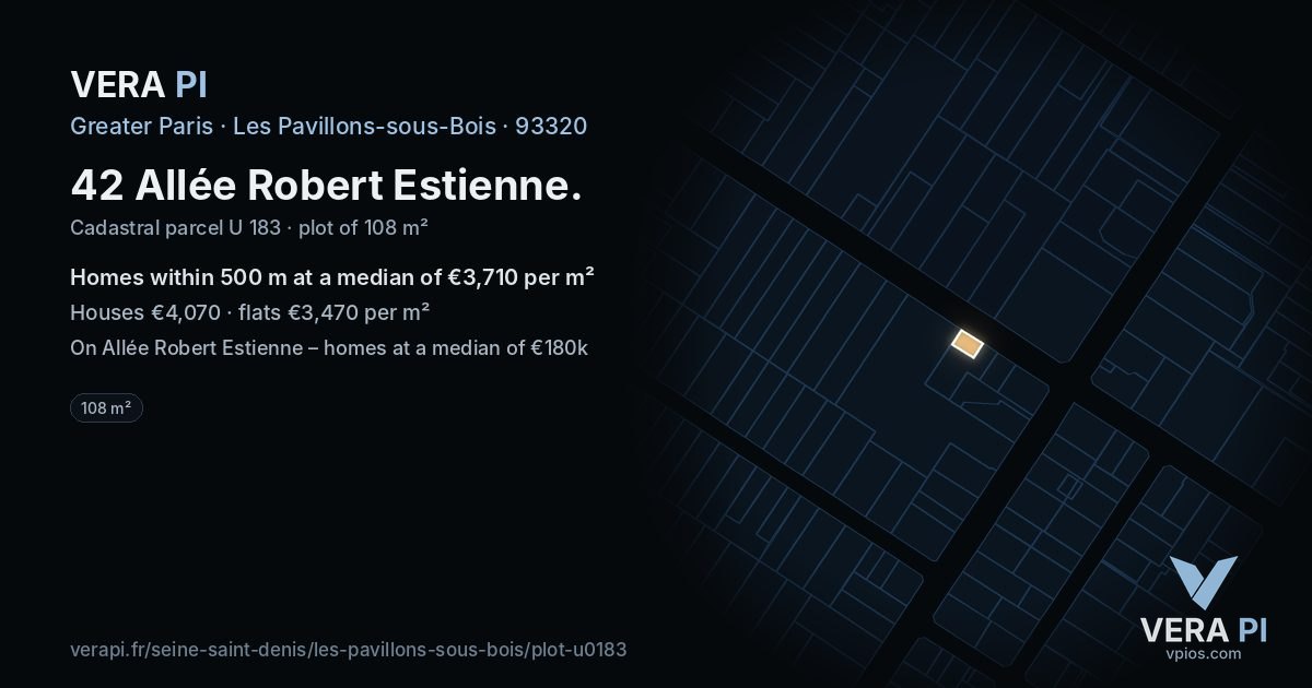 42 Allée Robert Estienne, Les Pavillons-sous-Bois at night – the plot lit, the parcels around coloured by the prices near them