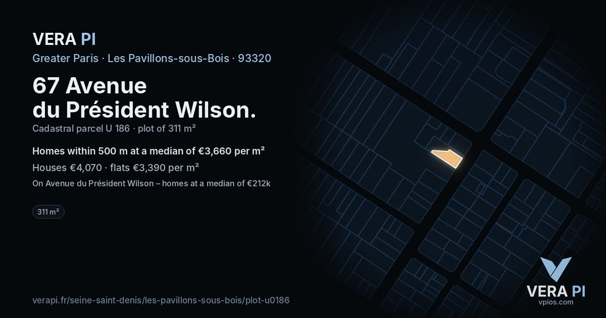 67 Avenue du Président Wilson, Les Pavillons-sous-Bois at night – the plot lit, the parcels around coloured by the prices near them