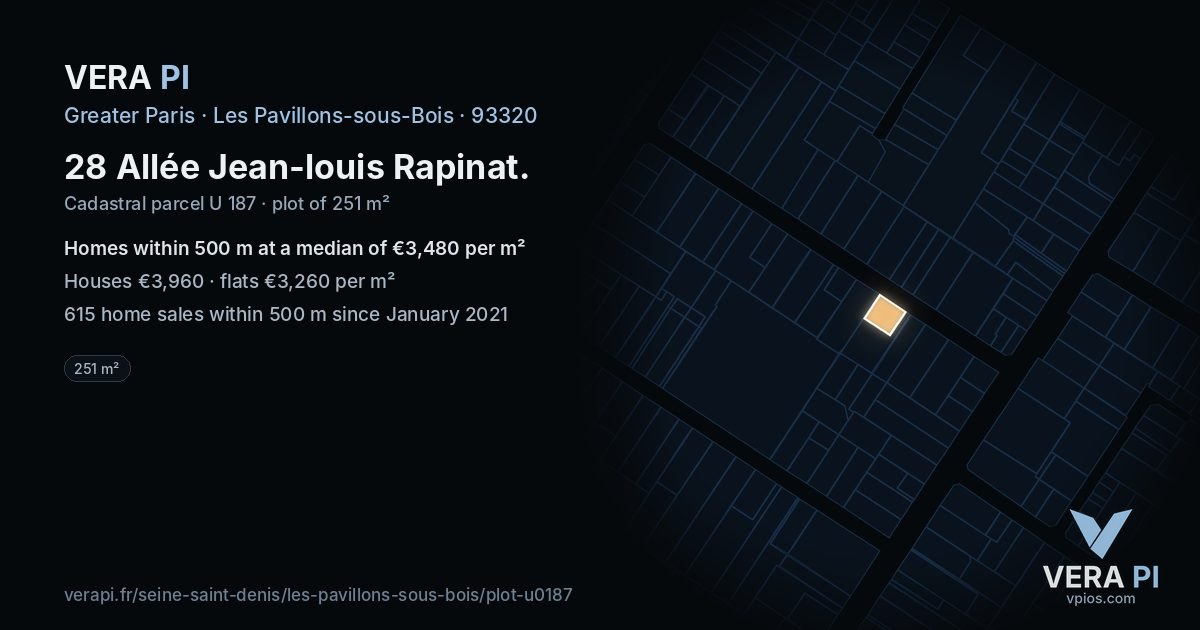 28 Allée Jean-louis Rapinat, Les Pavillons-sous-Bois at night – the plot lit, the parcels around coloured by the prices near them