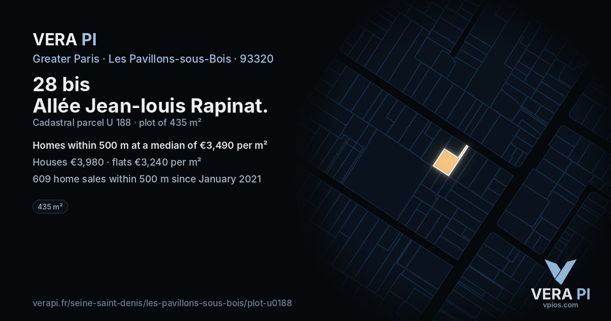 28 bis Allée Jean-louis Rapinat, Les Pavillons-sous-Bois at night – the plot lit, the parcels around coloured by the prices near them
