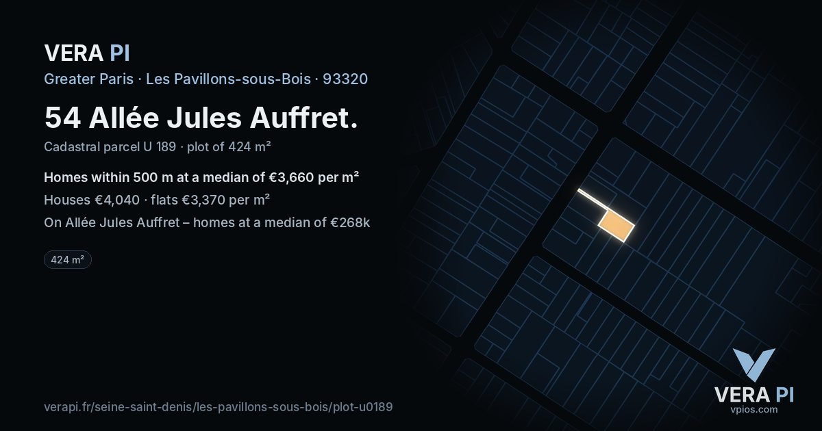 54 Allée Jules Auffret, Les Pavillons-sous-Bois at night – the plot lit, the parcels around coloured by the prices near them
