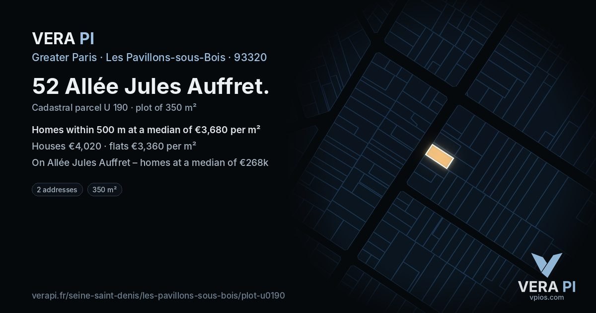52 Allée Jules Auffret, Les Pavillons-sous-Bois at night – the plot lit, the parcels around coloured by the prices near them