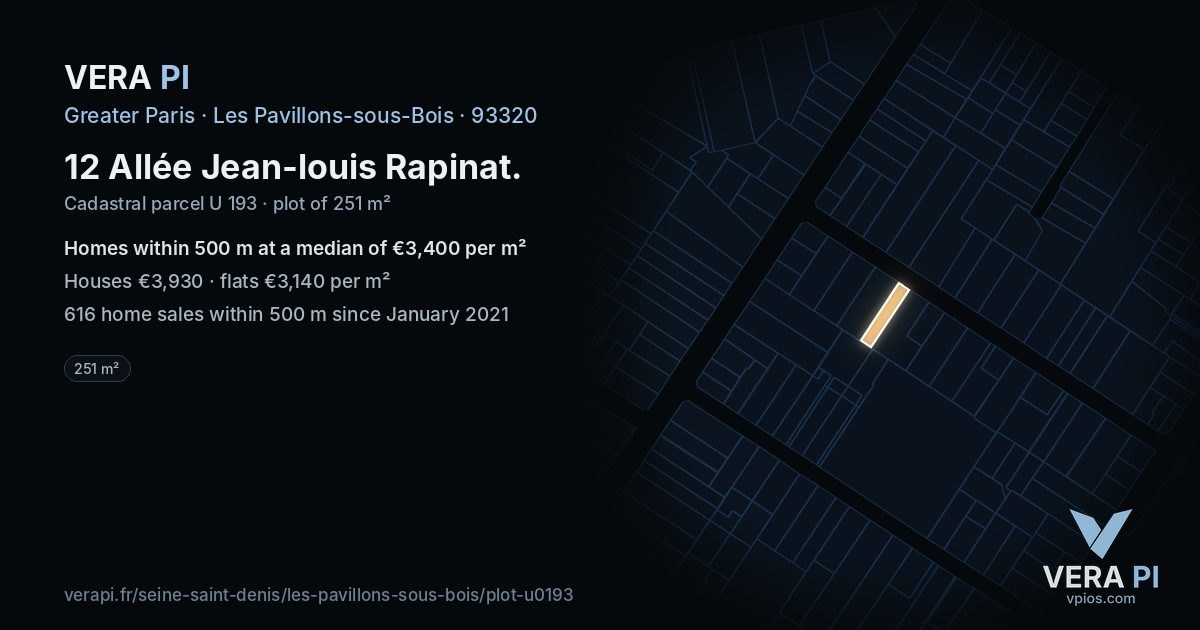12 Allée Jean-louis Rapinat, Les Pavillons-sous-Bois at night – the plot lit, the parcels around coloured by the prices near them