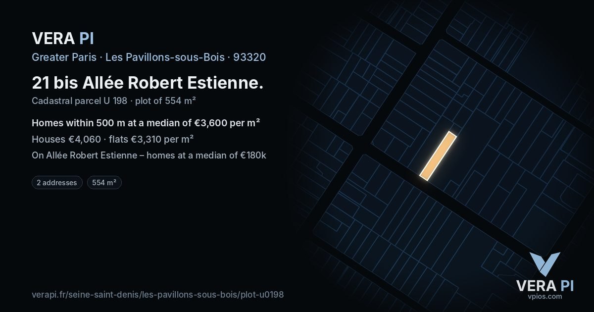 21 bis Allée Robert Estienne, Les Pavillons-sous-Bois at night – the plot lit, the parcels around coloured by the prices near them