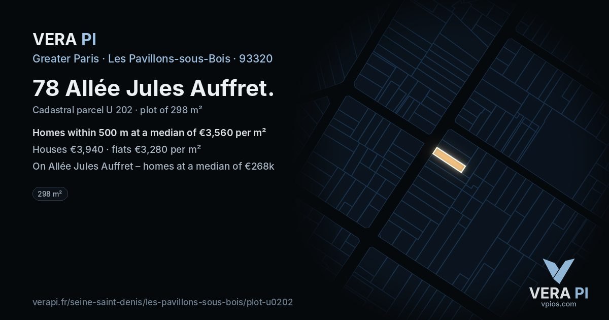 78 Allée Jules Auffret, Les Pavillons-sous-Bois at night – the plot lit, the parcels around coloured by the prices near them
