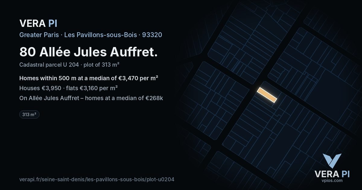 80 Allée Jules Auffret, Les Pavillons-sous-Bois at night – the plot lit, the parcels around coloured by the prices near them