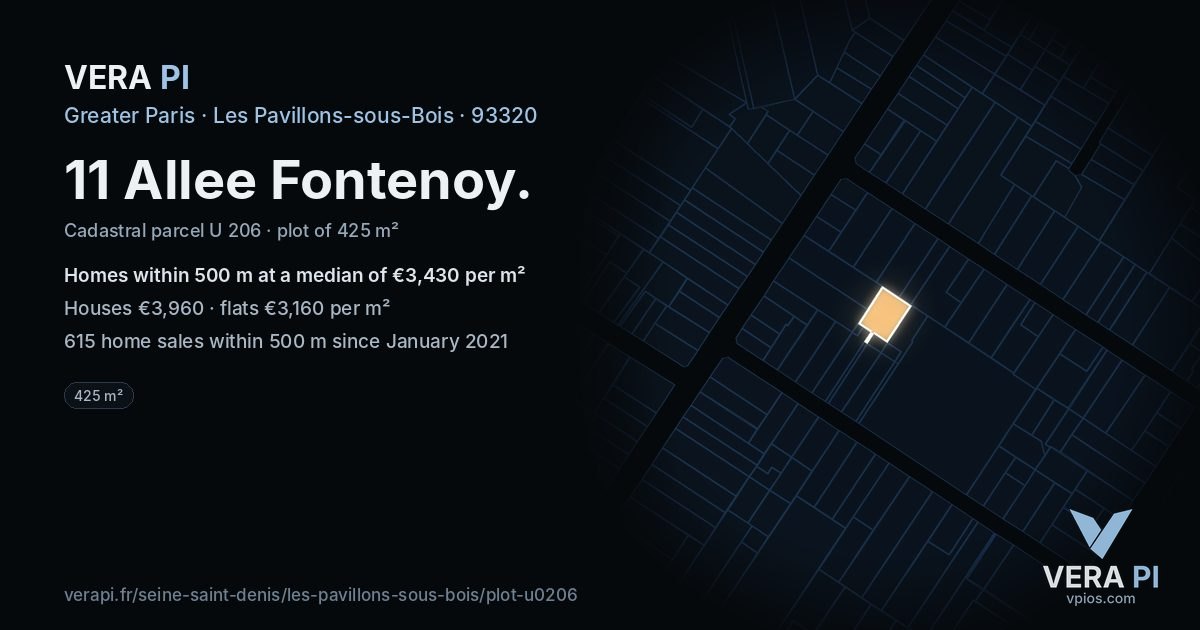 11 Allee Fontenoy, Les Pavillons-sous-Bois at night – the plot lit, the parcels around coloured by the prices near them