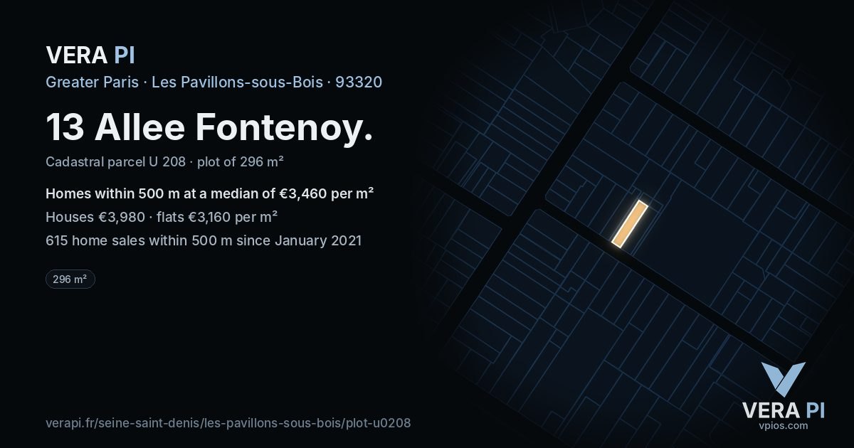 13 Allee Fontenoy, Les Pavillons-sous-Bois at night – the plot lit, the parcels around coloured by the prices near them