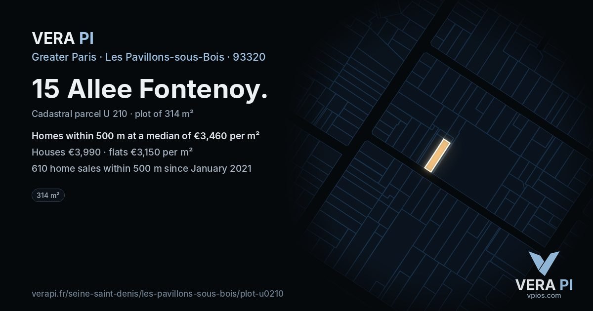 15 Allee Fontenoy, Les Pavillons-sous-Bois at night – the plot lit, the parcels around coloured by the prices near them