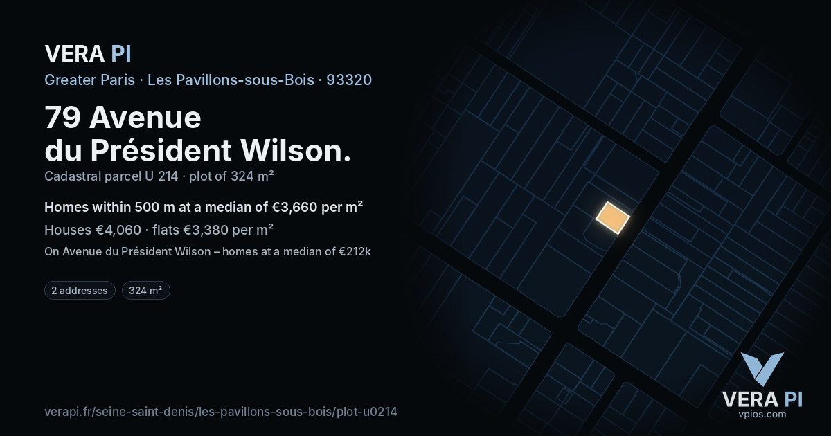79 Avenue du Président Wilson, Les Pavillons-sous-Bois at night – the plot lit, the parcels around coloured by the prices near them