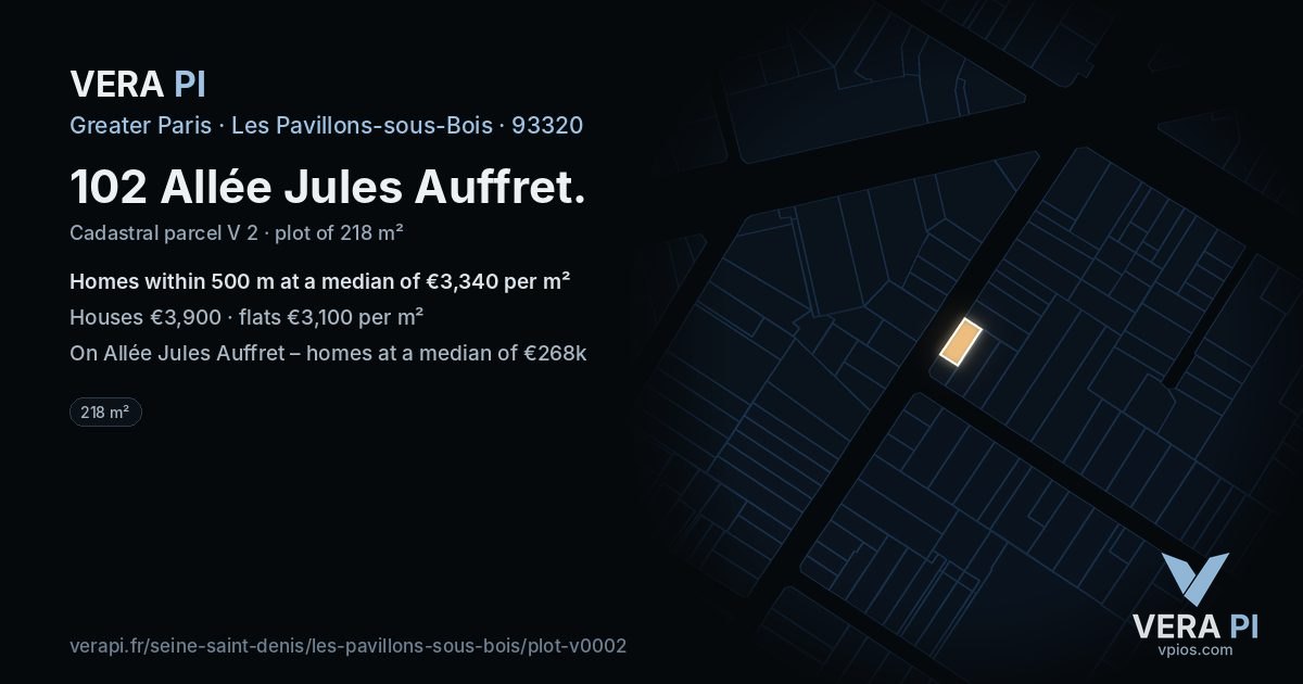 102 Allée Jules Auffret, Les Pavillons-sous-Bois at night – the plot lit, the parcels around coloured by the prices near them