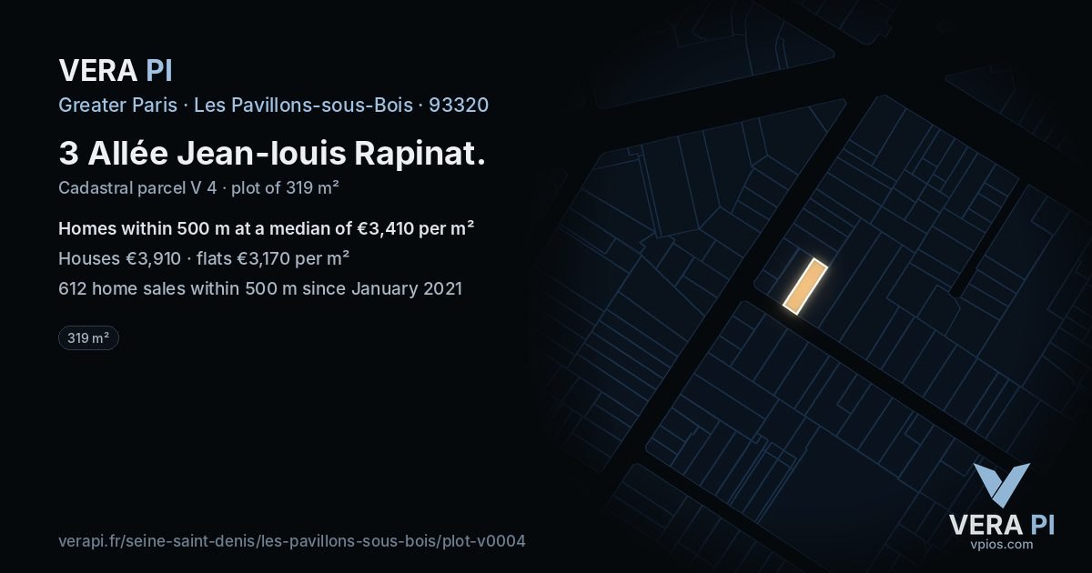 3 Allée Jean-louis Rapinat, Les Pavillons-sous-Bois at night – the plot lit, the parcels around coloured by the prices near them