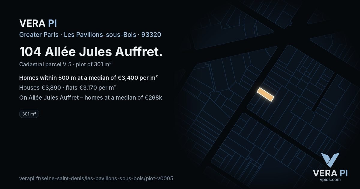 104 Allée Jules Auffret, Les Pavillons-sous-Bois at night – the plot lit, the parcels around coloured by the prices near them