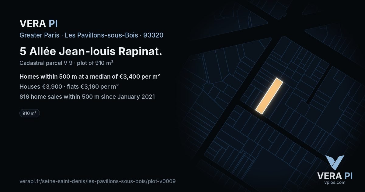 5 Allée Jean-louis Rapinat, Les Pavillons-sous-Bois at night – the plot lit, the parcels around coloured by the prices near them
